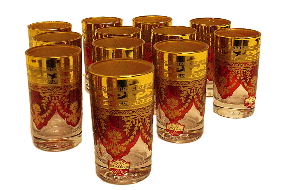 Gold Floral Motif Red Tea Glass Set - Pack of 12