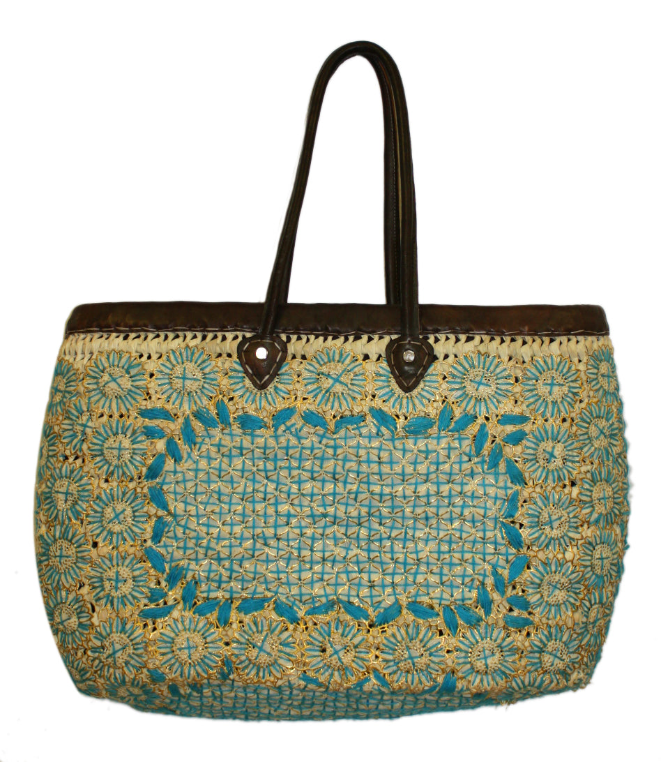 Moroccan Blue Hand Designed Straw Bag