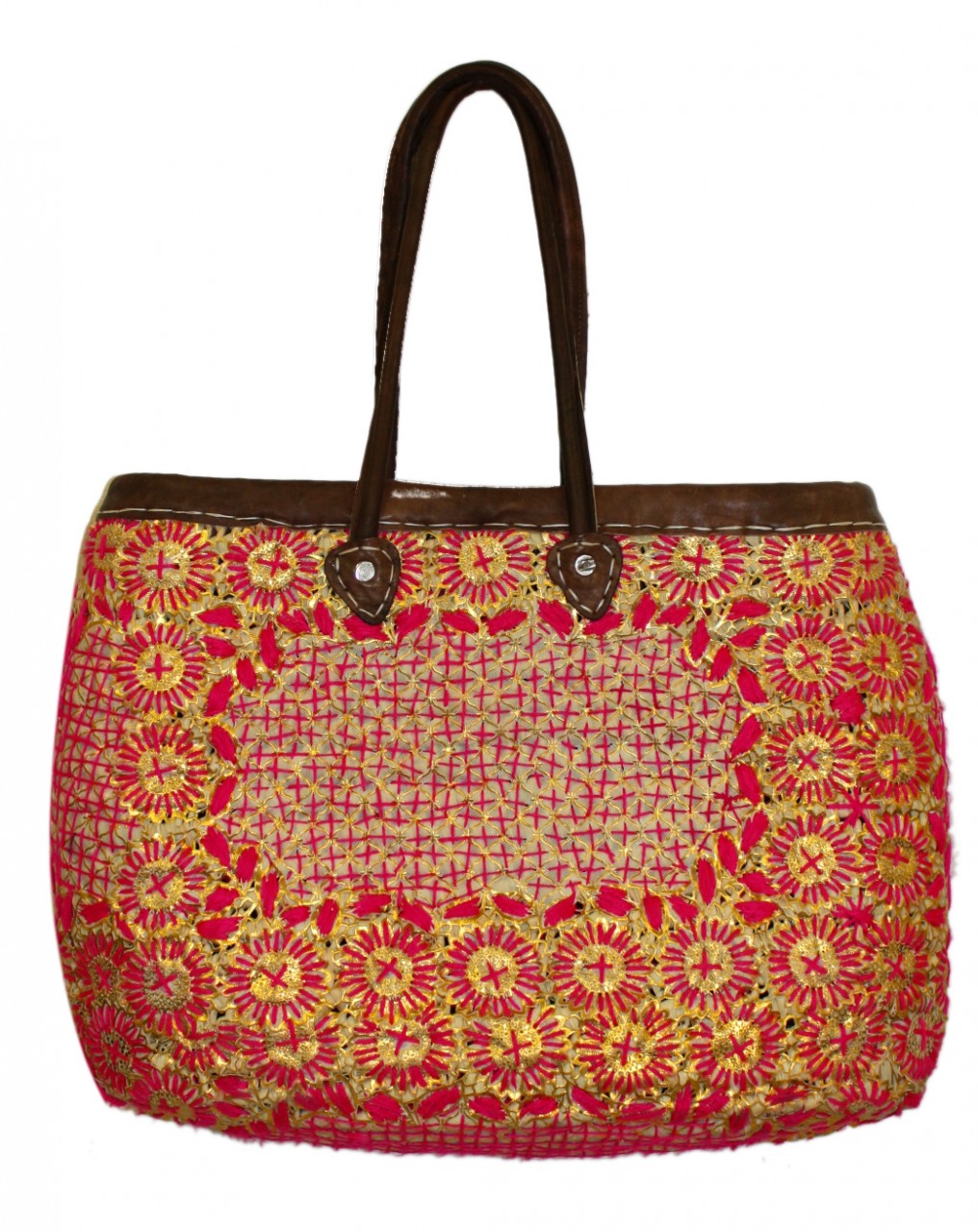 Moroccan Red Handmade Raffia Bag with Leather Handles