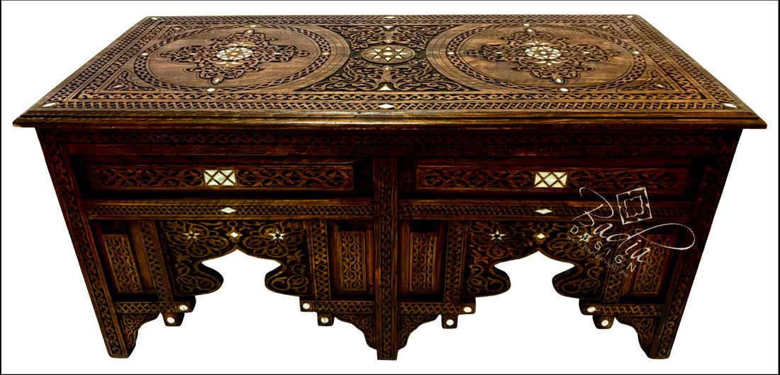 Handcrafted Mother of Pearl Inlay Carved Wooden Coffee Table