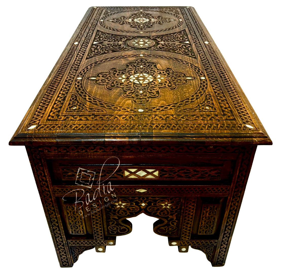 Handcrafted Mother of Pearl Inlay Carved Wooden Coffee Table