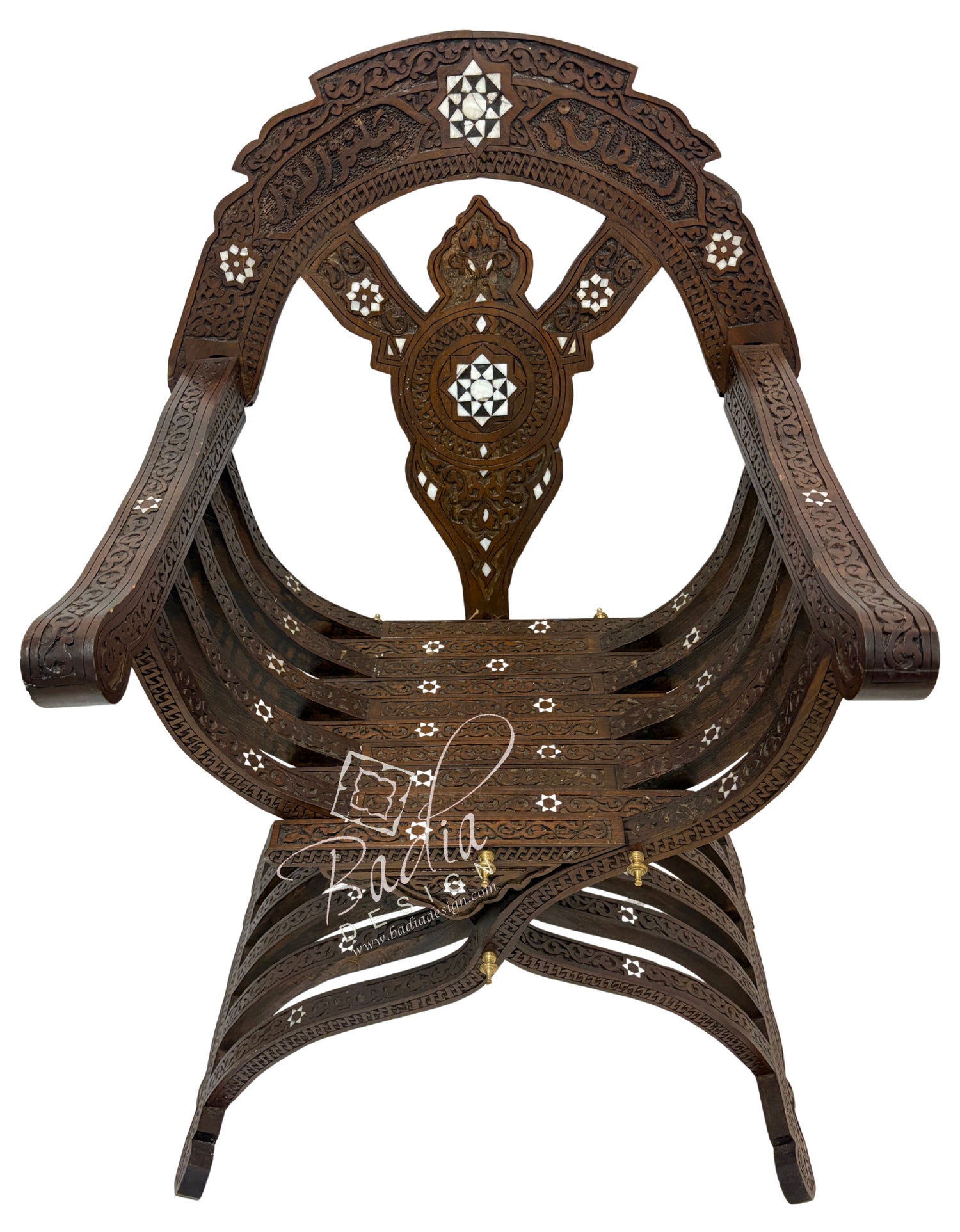 Decorative wooden chair with intricate designs on a white background