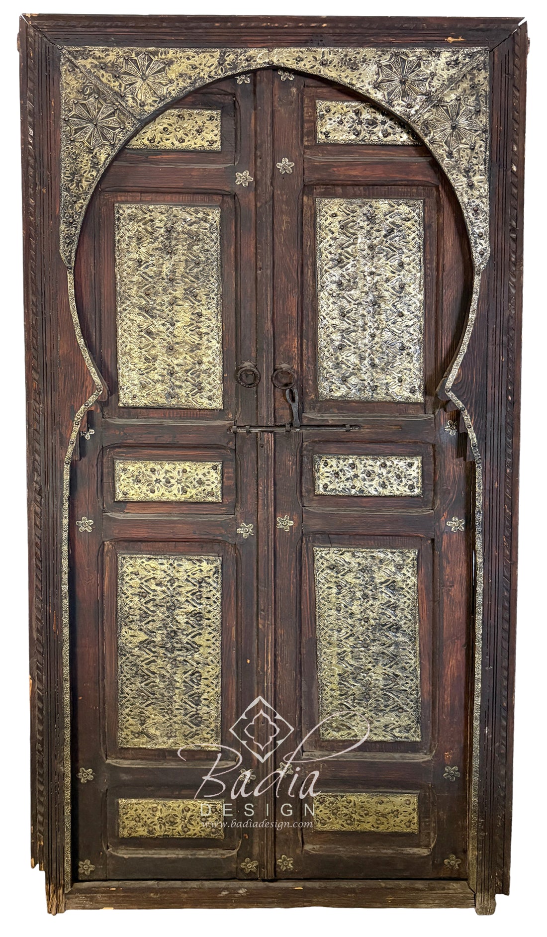 Arched Moroccan Double Door with Decorative Metal Inlay