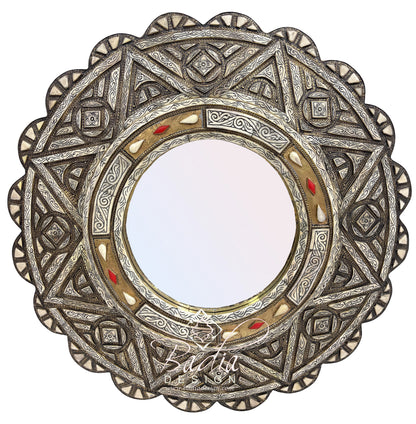 Decorative Round Mirror with Geometric Metal and Bone Design