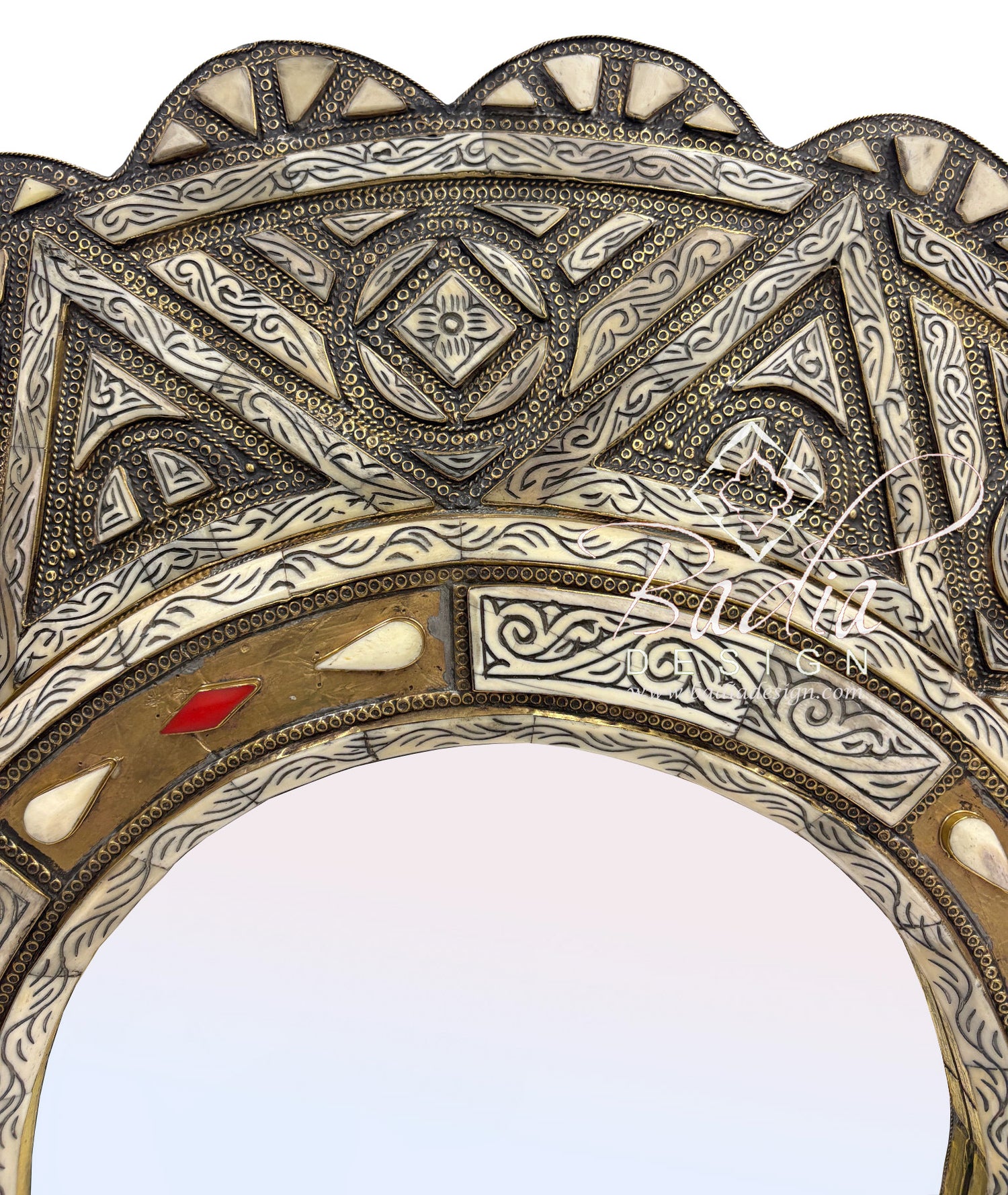 Decorative Round Mirror with Geometric Metal and Bone Design
