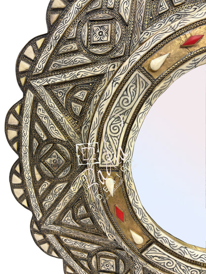 Decorative Round Mirror with Geometric Metal and Bone Design
