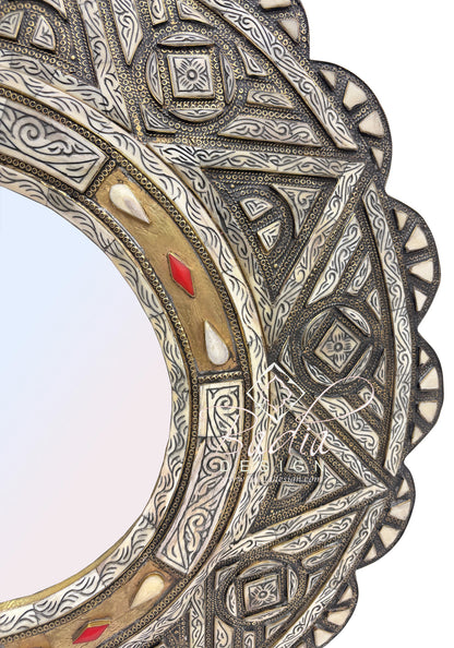 Decorative Round Mirror with Geometric Metal and Bone Design