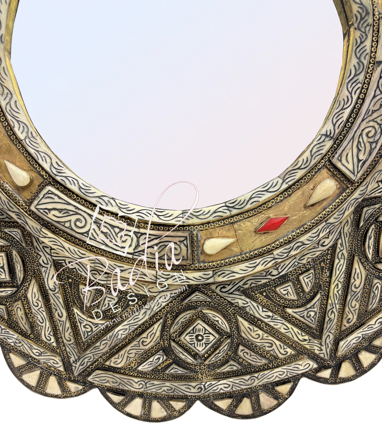 Decorative Round Mirror with Geometric Metal and Bone Design