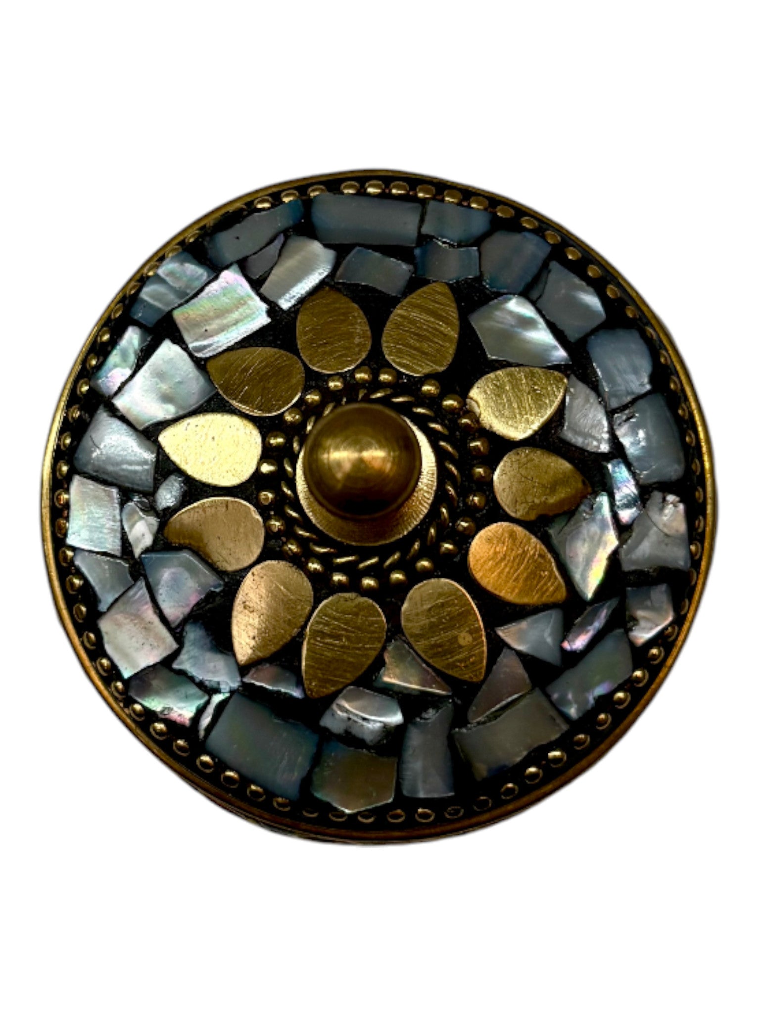 Top View Decorative circular object with osaic pattern on a white background