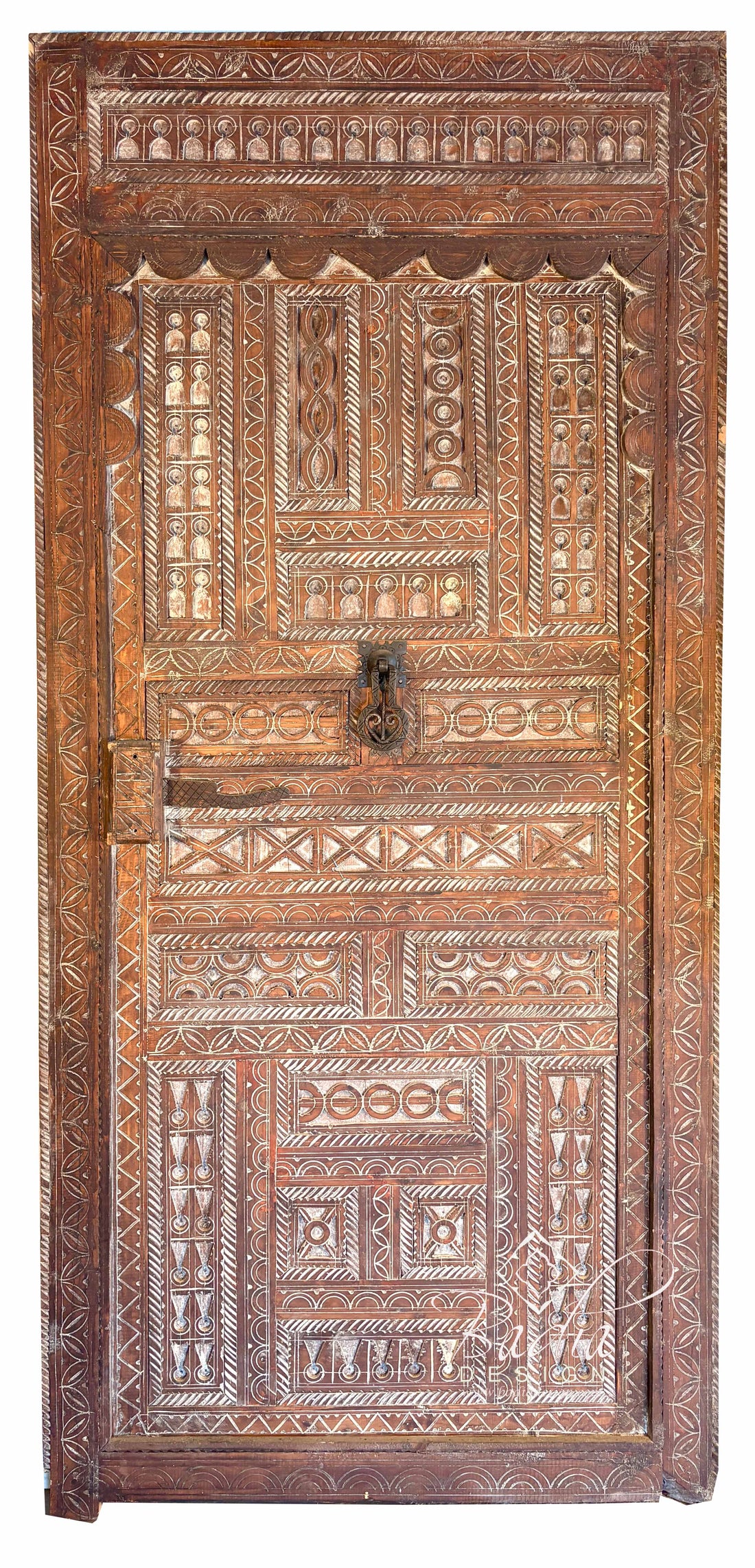 Traditional Moroccan Wooden Door with Detailed Hand Carved Motifs