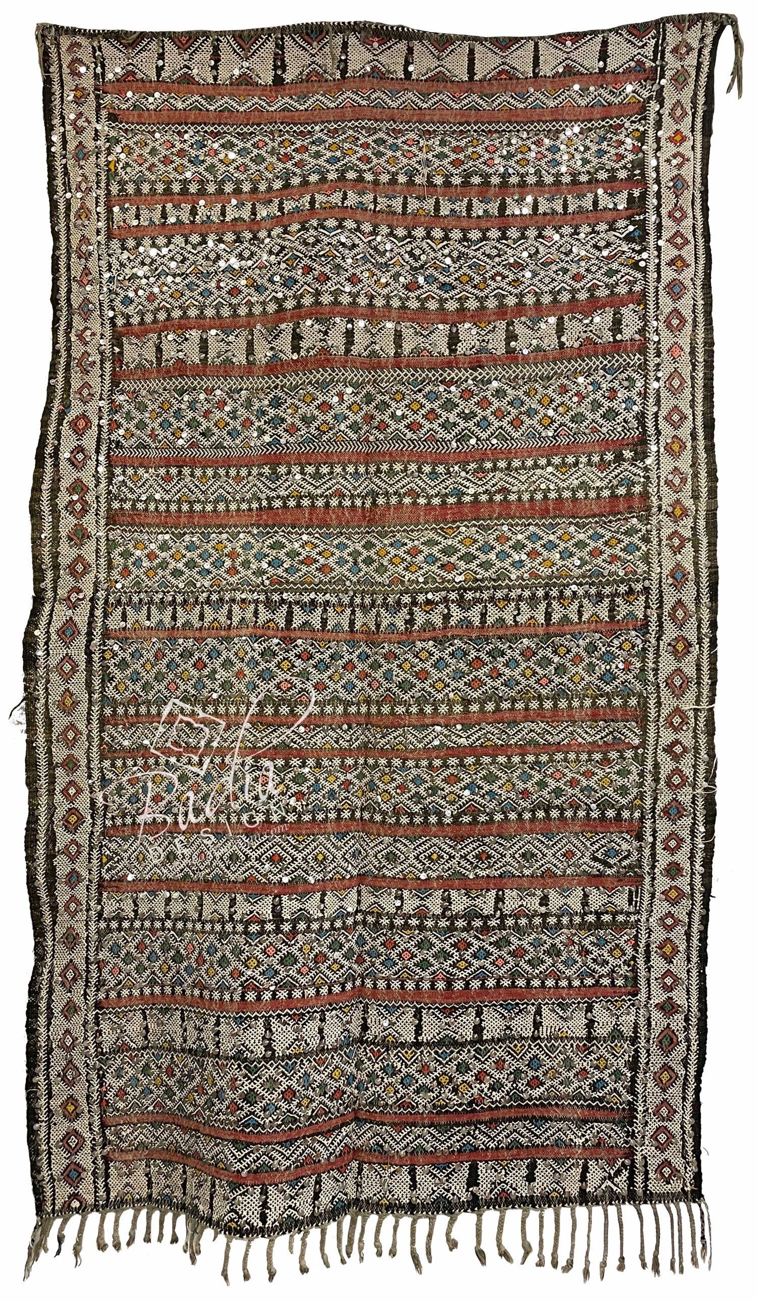 Authentic Moroccan Kilim Rug with Silver Sequins