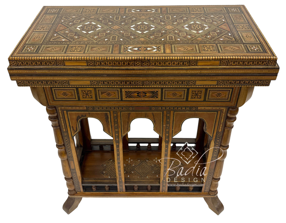 Inlaid Syrian Design Backgammon Game Table with Maroon Interior