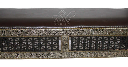 Hand Carved Silver Nickel Leather Bench