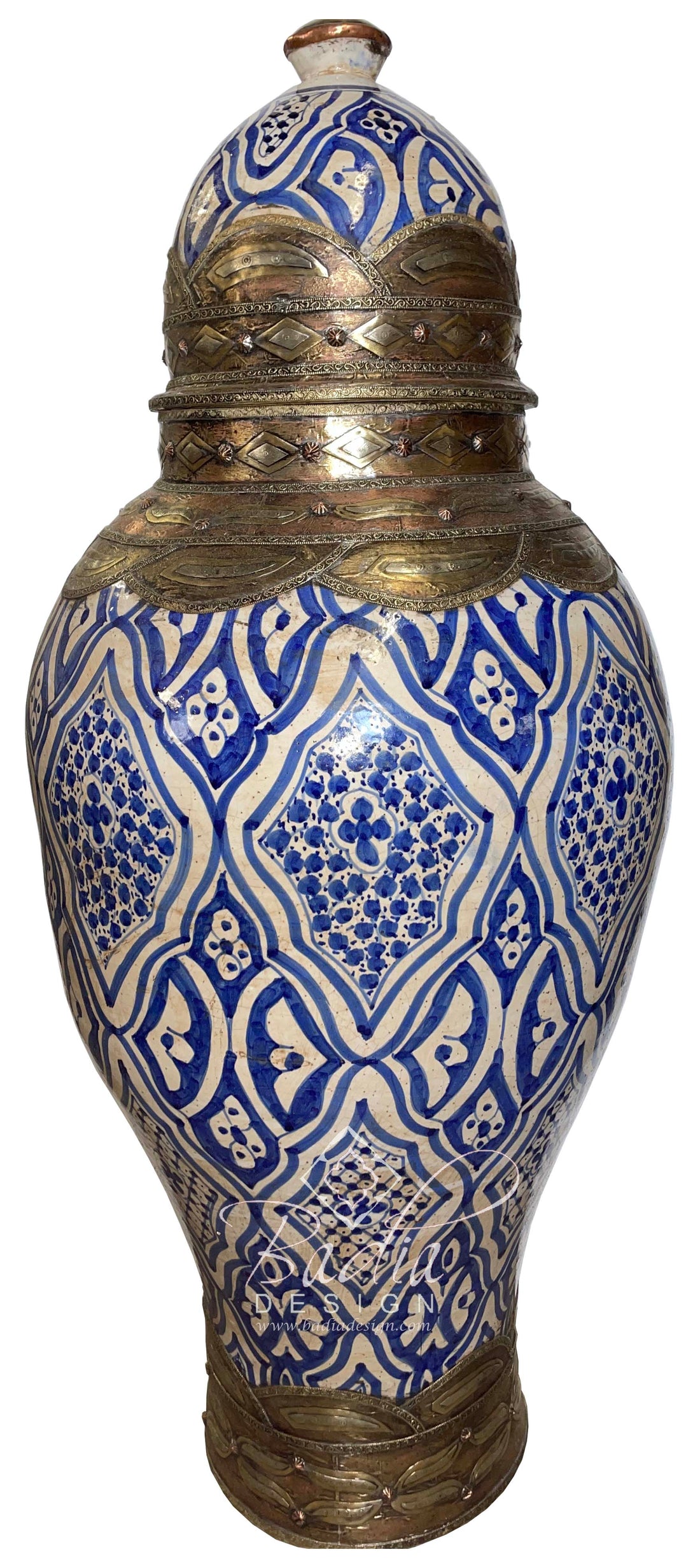 Large Moroccan Blue Metal and Ceramic Urn