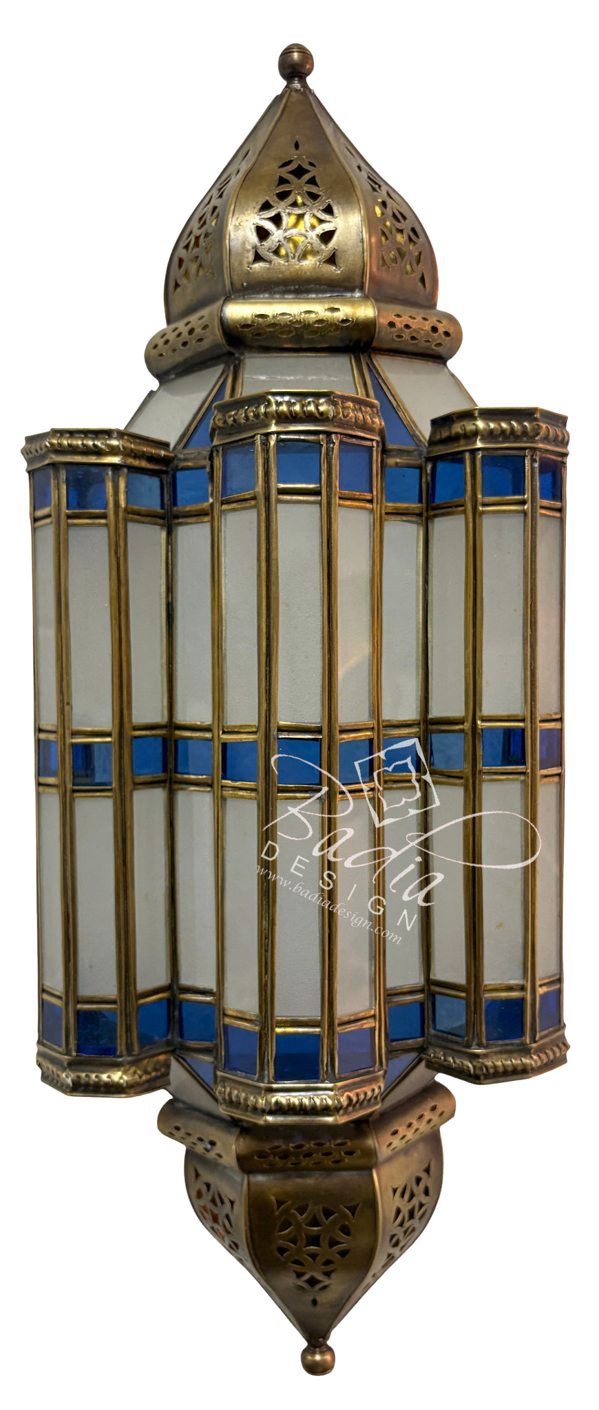 Moroccan Brass Wall Sconce with White and Blue Glass Panels