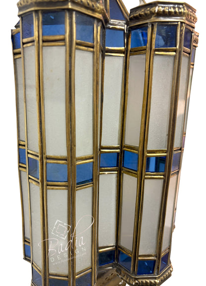 Brass Wall Sconce with White and Blue Glass
