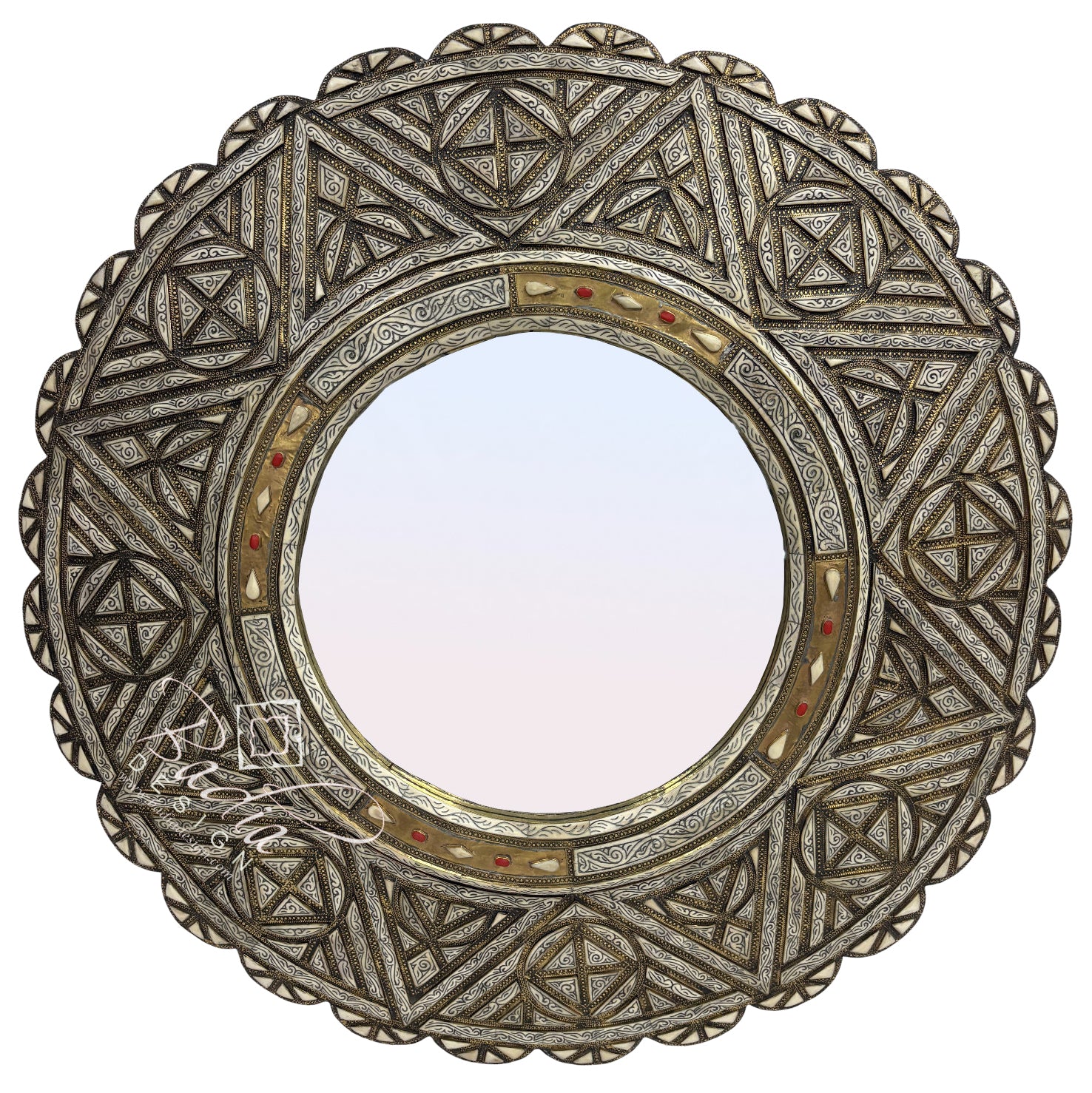 Moroccan Circular Wall Mirror with Metal and Bone Inlay