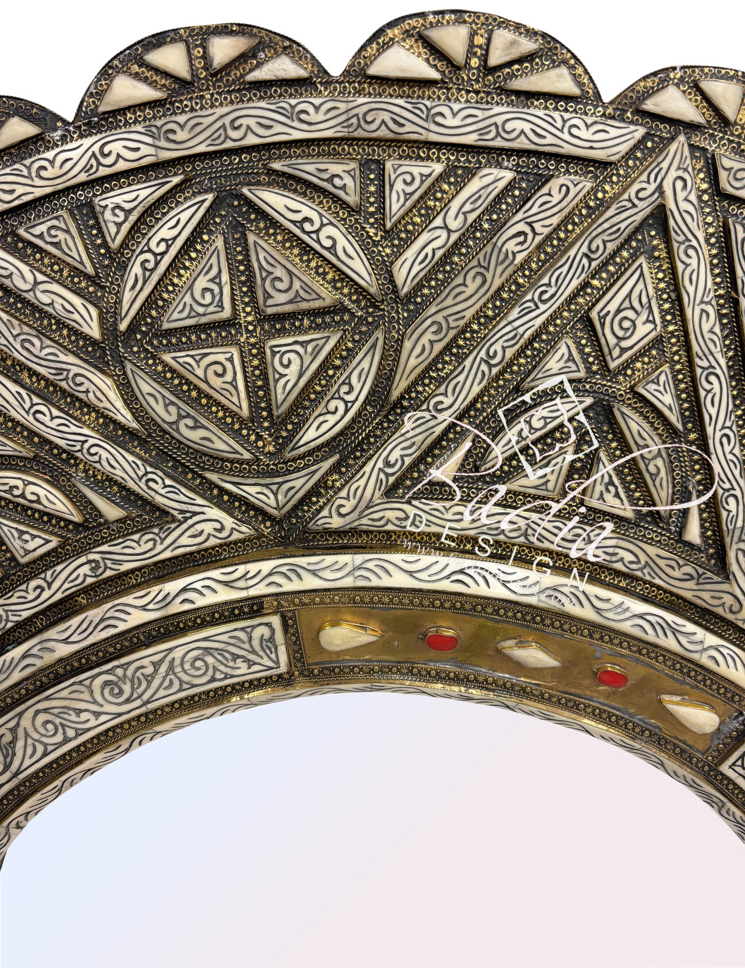Circular Wall Mirror with Metal and Bone Inlay