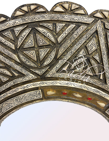 Circular Wall Mirror with Metal and Bone Inlay