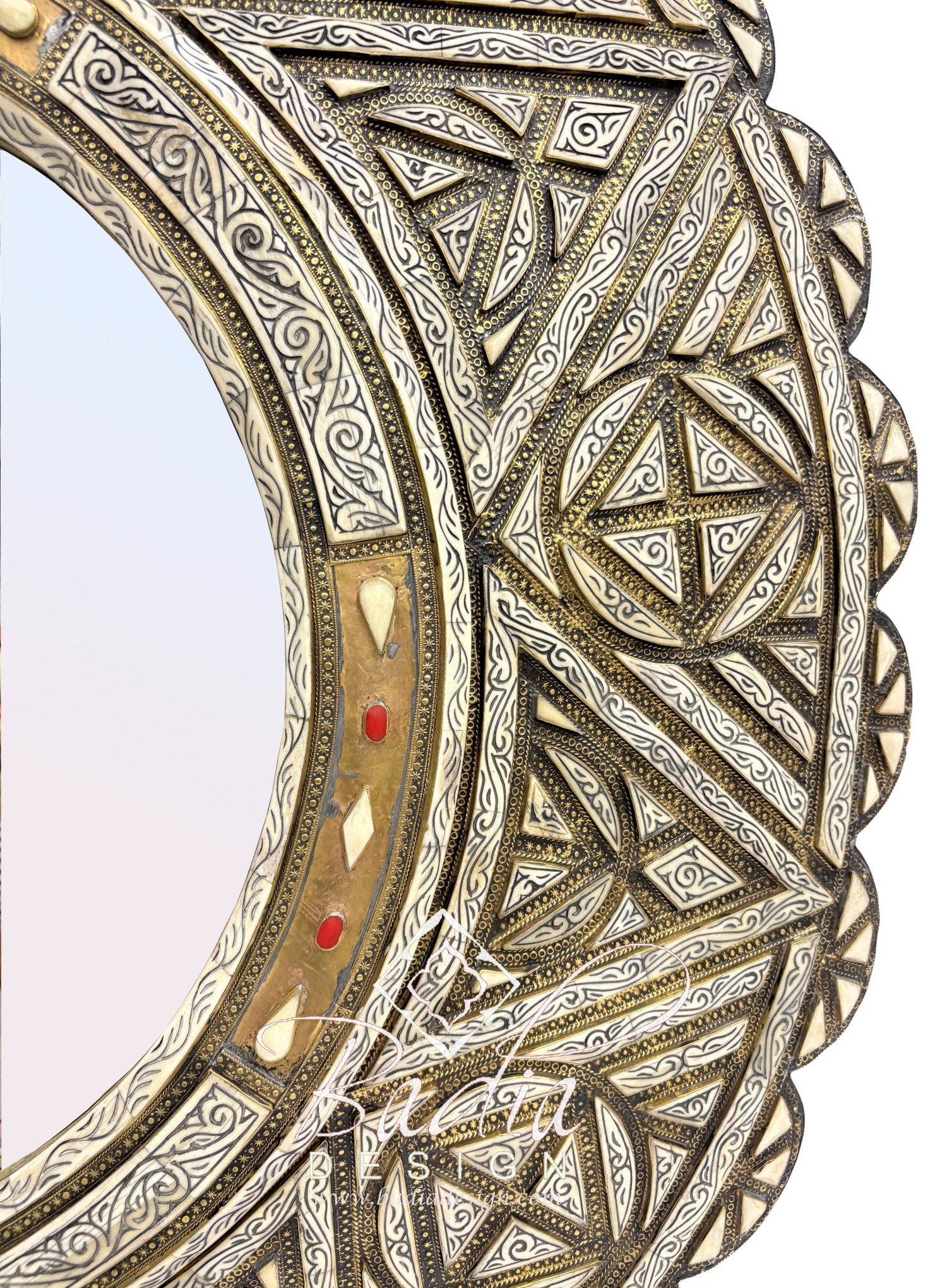 Circular Wall Mirror with Metal and Bone Inlay