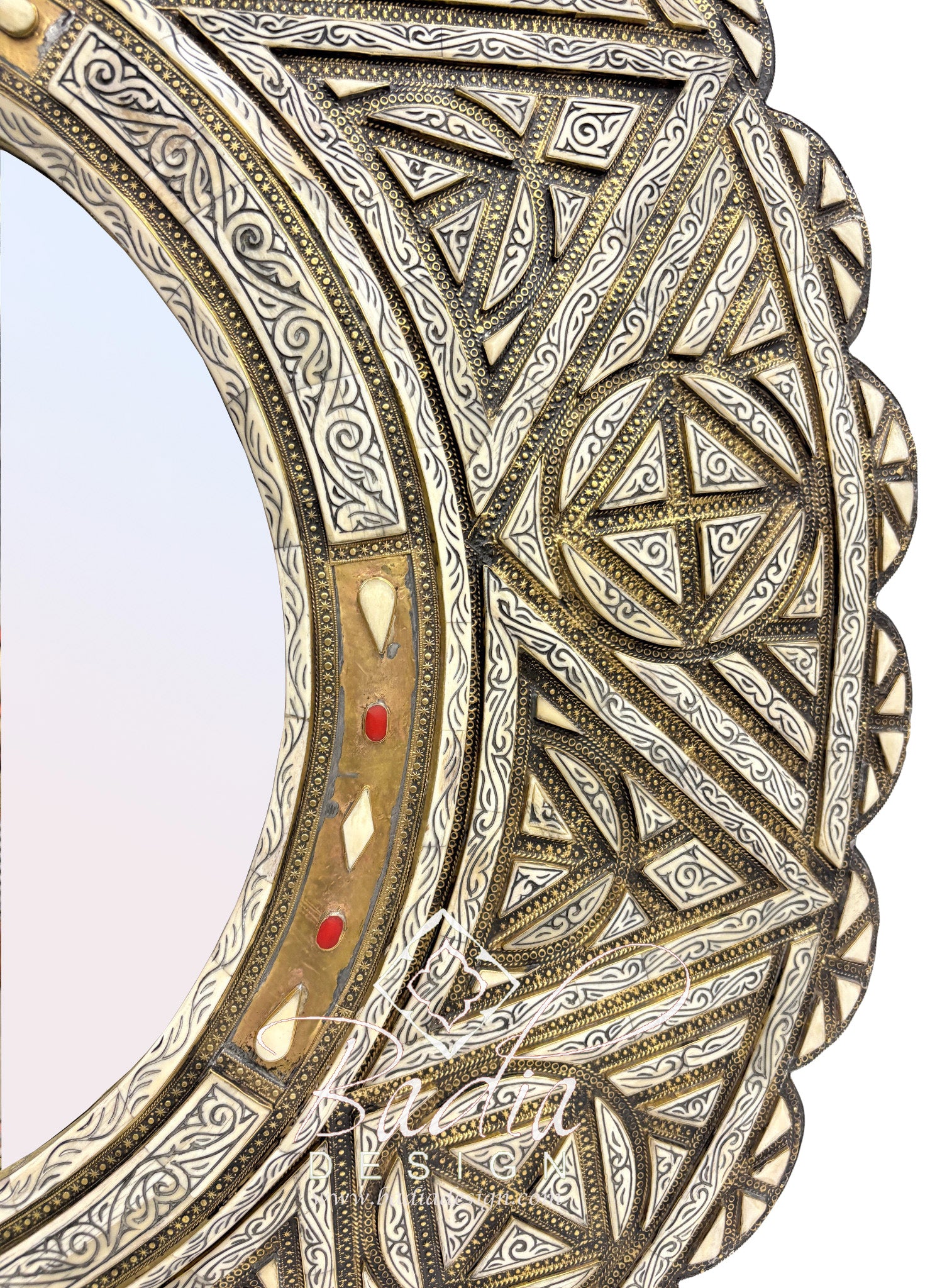 Circular Wall Mirror with Metal and Bone Inlay