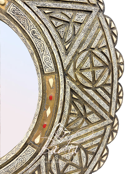 Circular Wall Mirror with Metal and Bone Inlay
