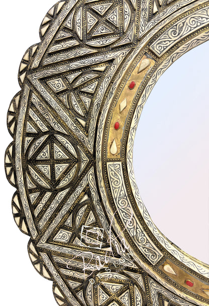 Circular Wall Mirror with Metal and Bone Inlay