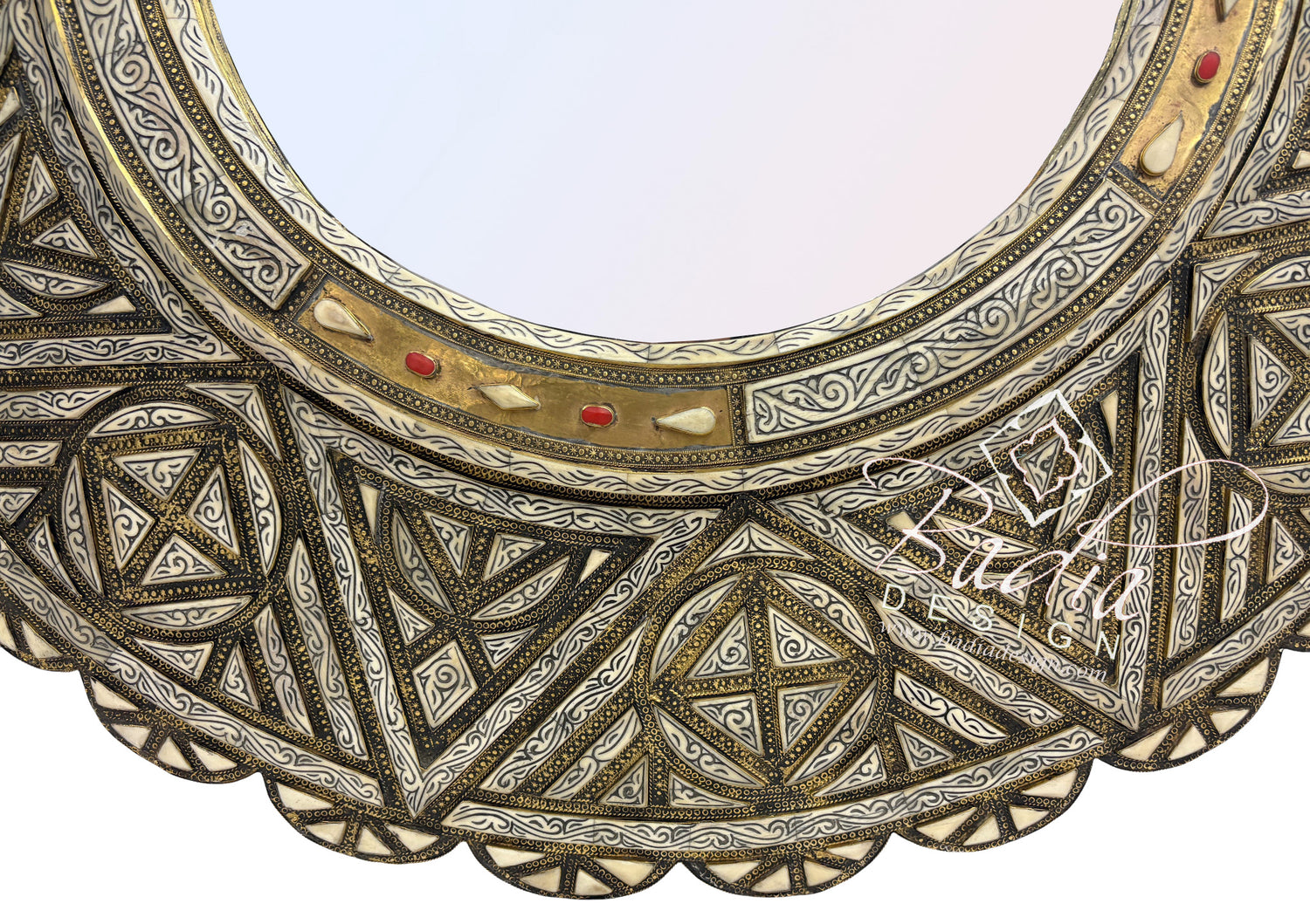 Circular Wall Mirror with Metal and Bone Inlay