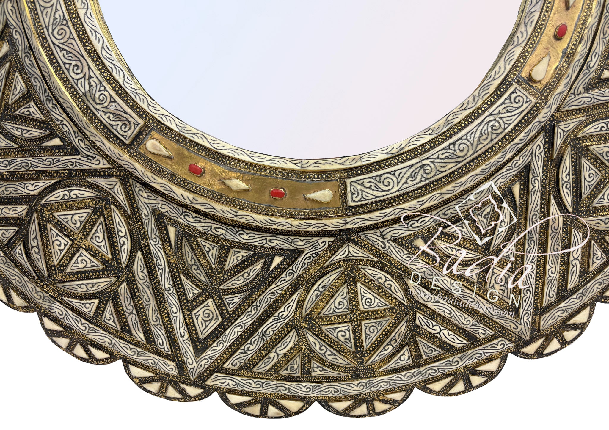 Circular Wall Mirror with Metal and Bone Inlay