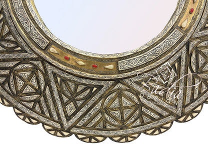 Circular Wall Mirror with Metal and Bone Inlay