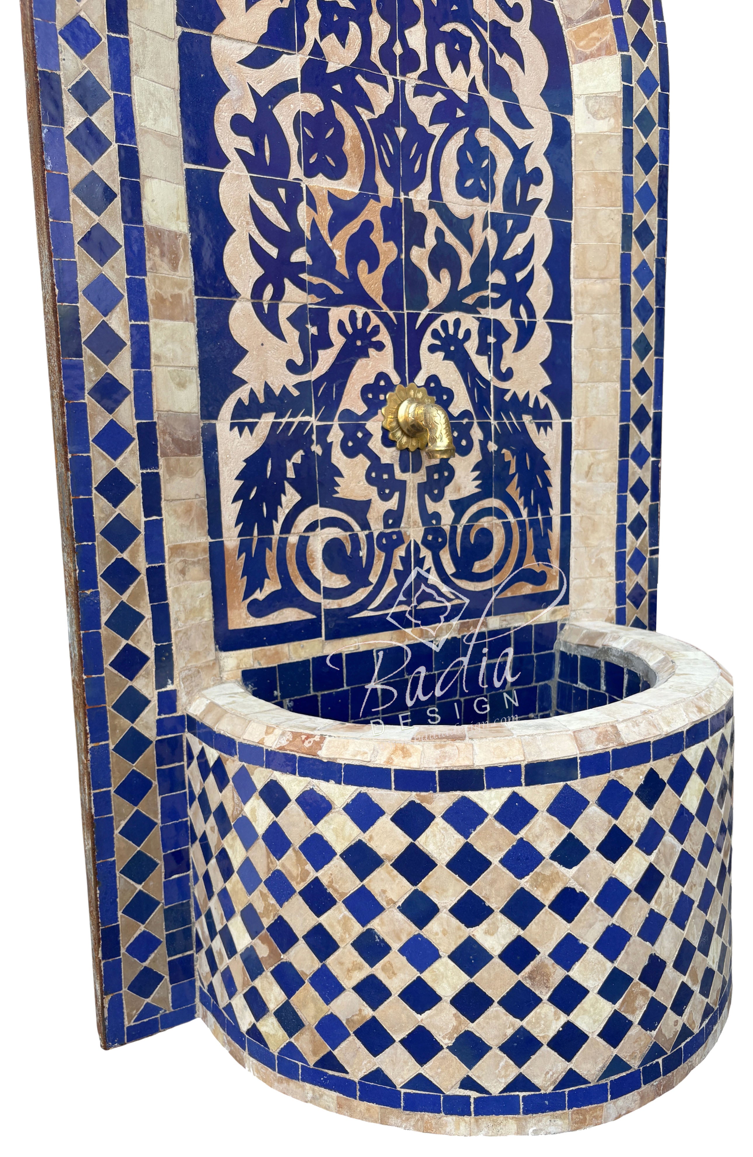Decorative wall fountain with blue and white mosaic design, featuring the brand &
