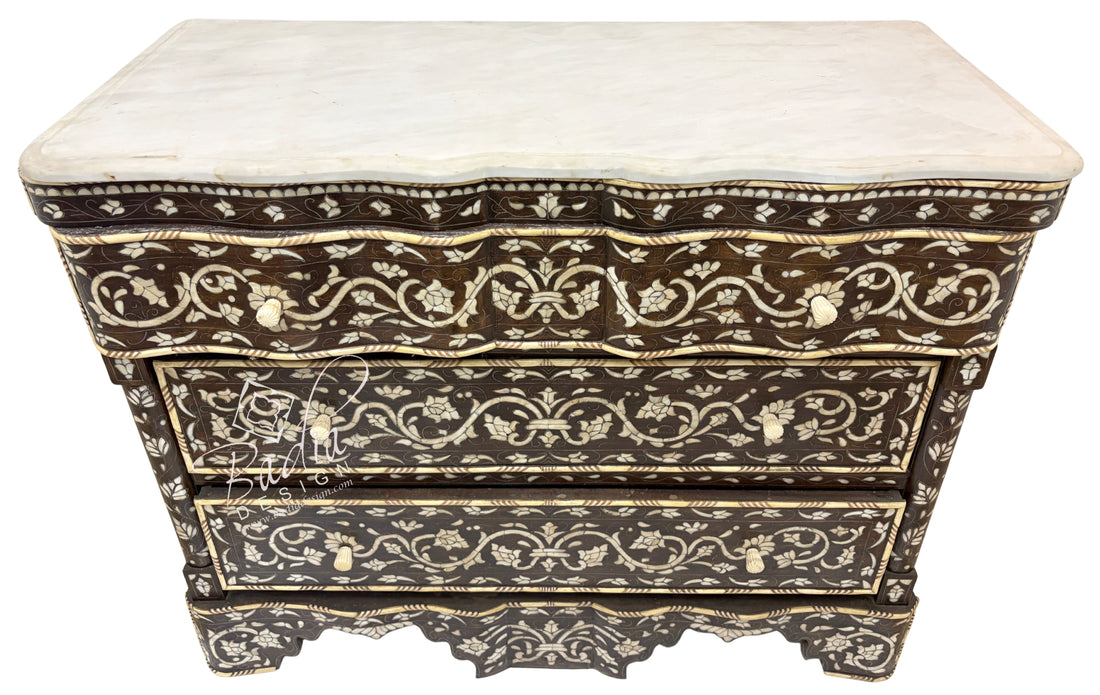 White Mother of Pearl Inlay Dresser with Three Drawers and Dark Stained