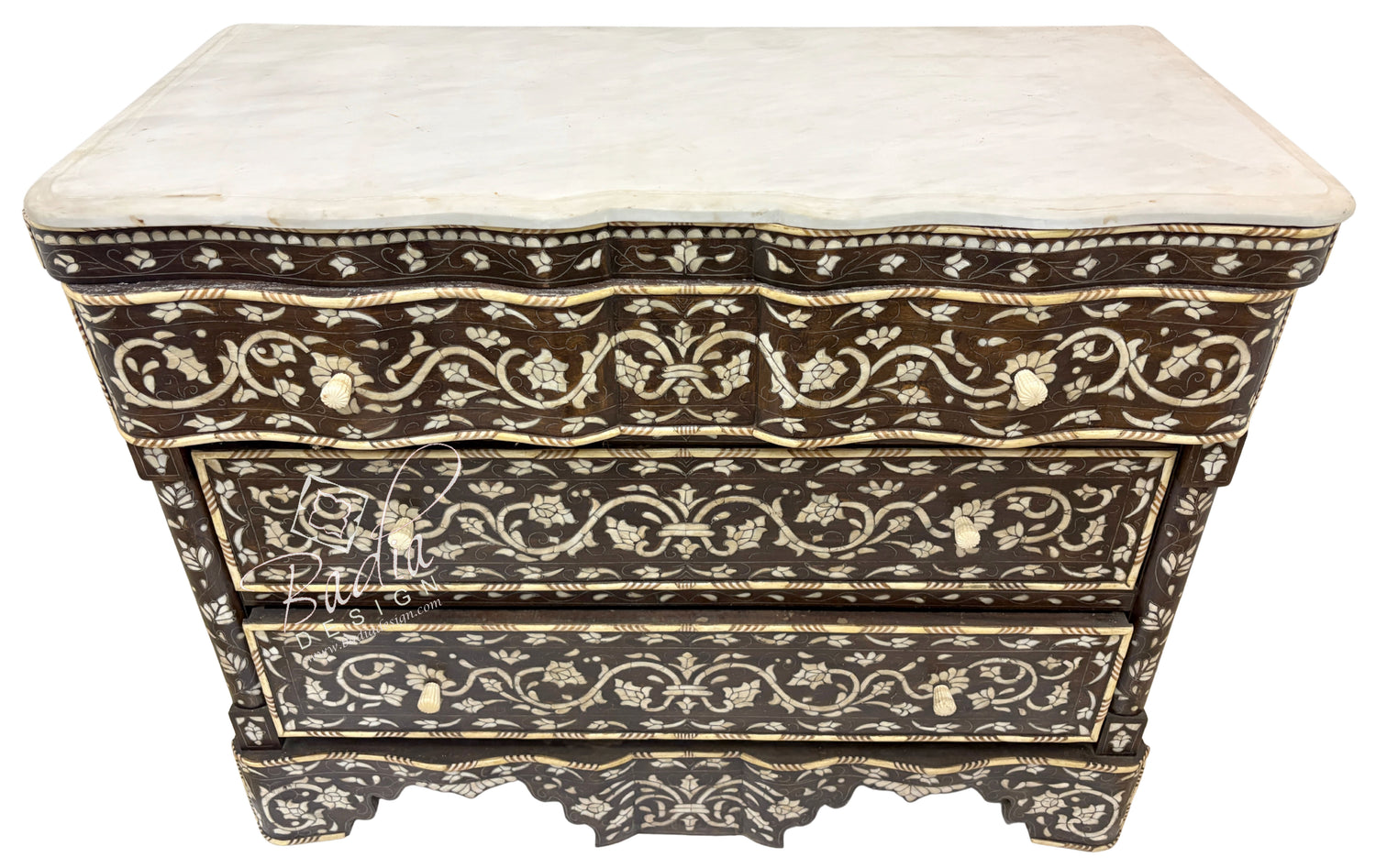 White Mother of Pearl Inlay Dresser with Three Drawers and Dark Stained