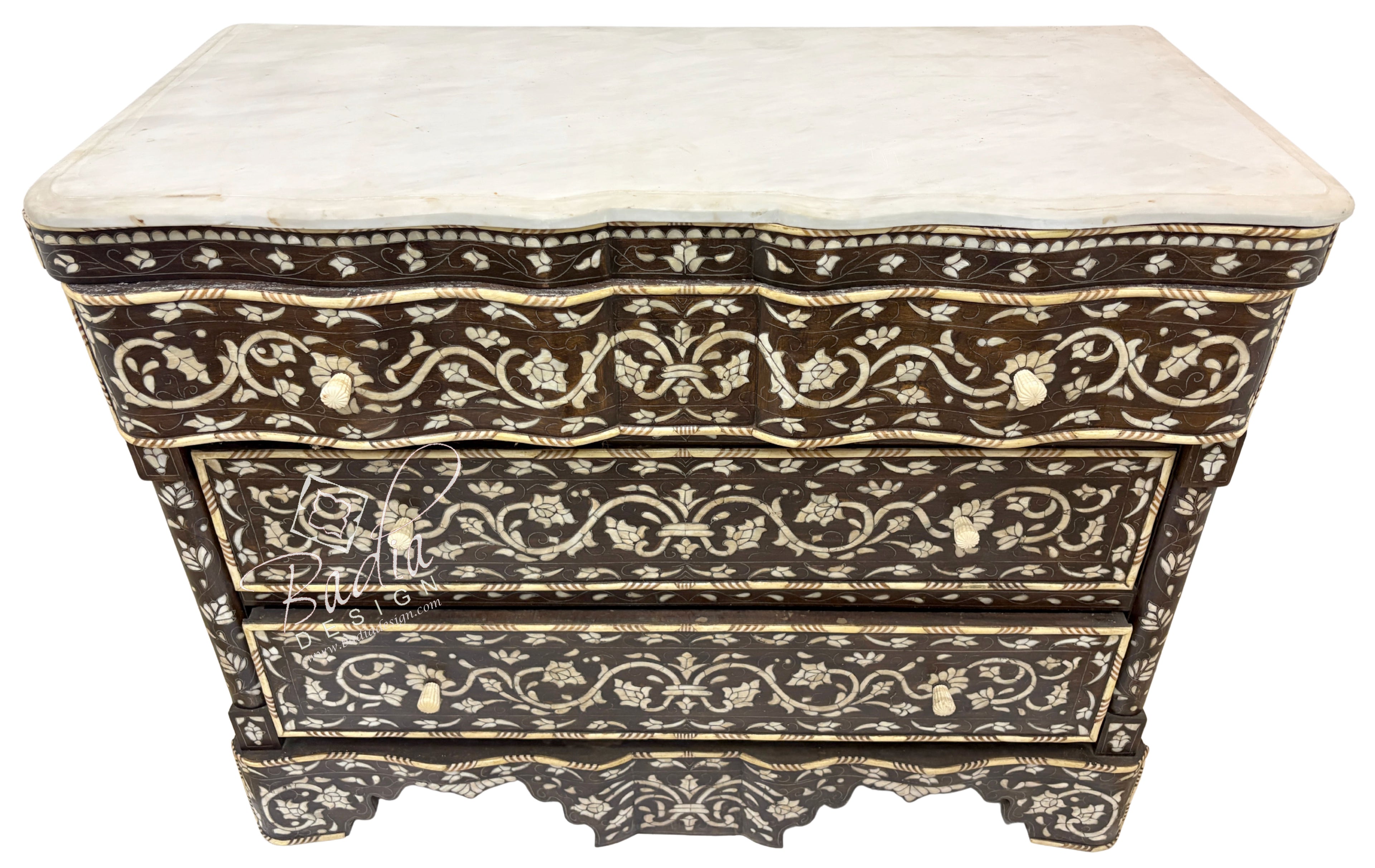 White Mother of Pearl Inlay Dresser with Three Drawers and Dark Stained