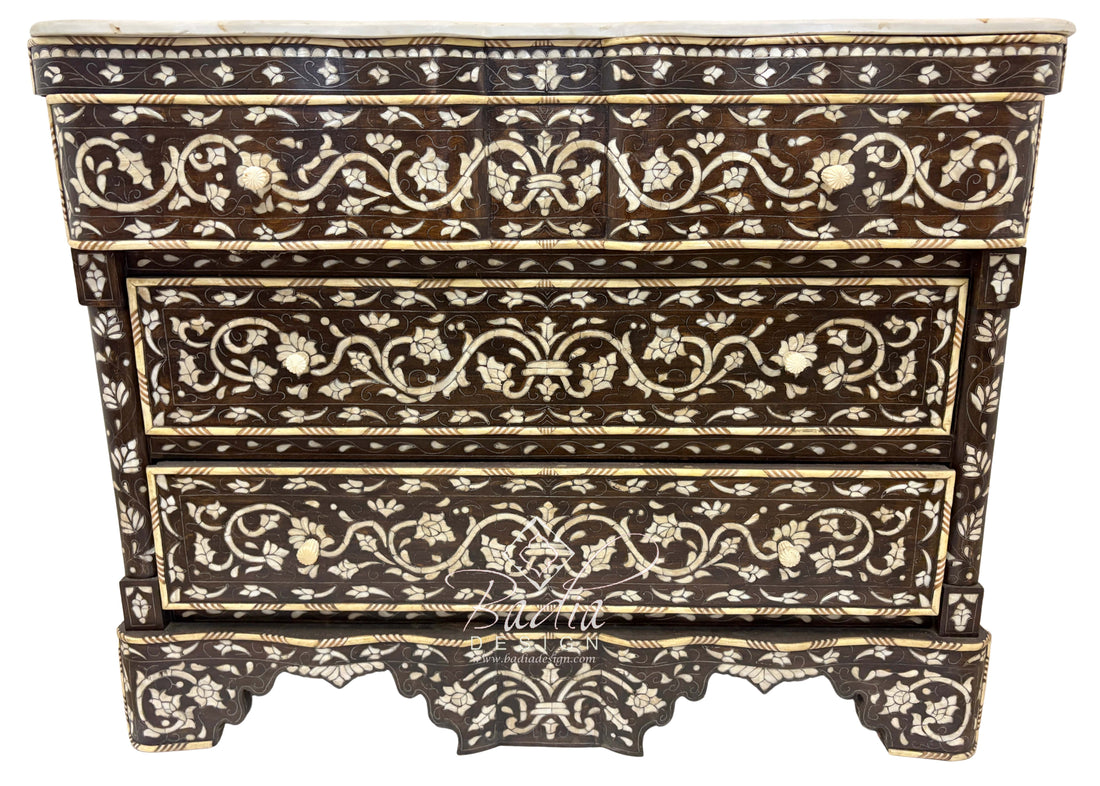 White Mother of Pearl Inlay Dresser with Three Drawers and Dark Stained