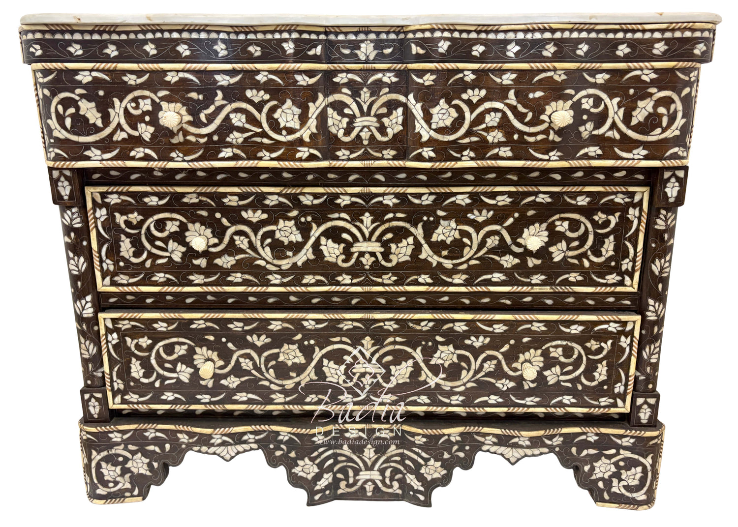 White Mother of Pearl Inlay Dresser with Three Drawers and Dark Stained