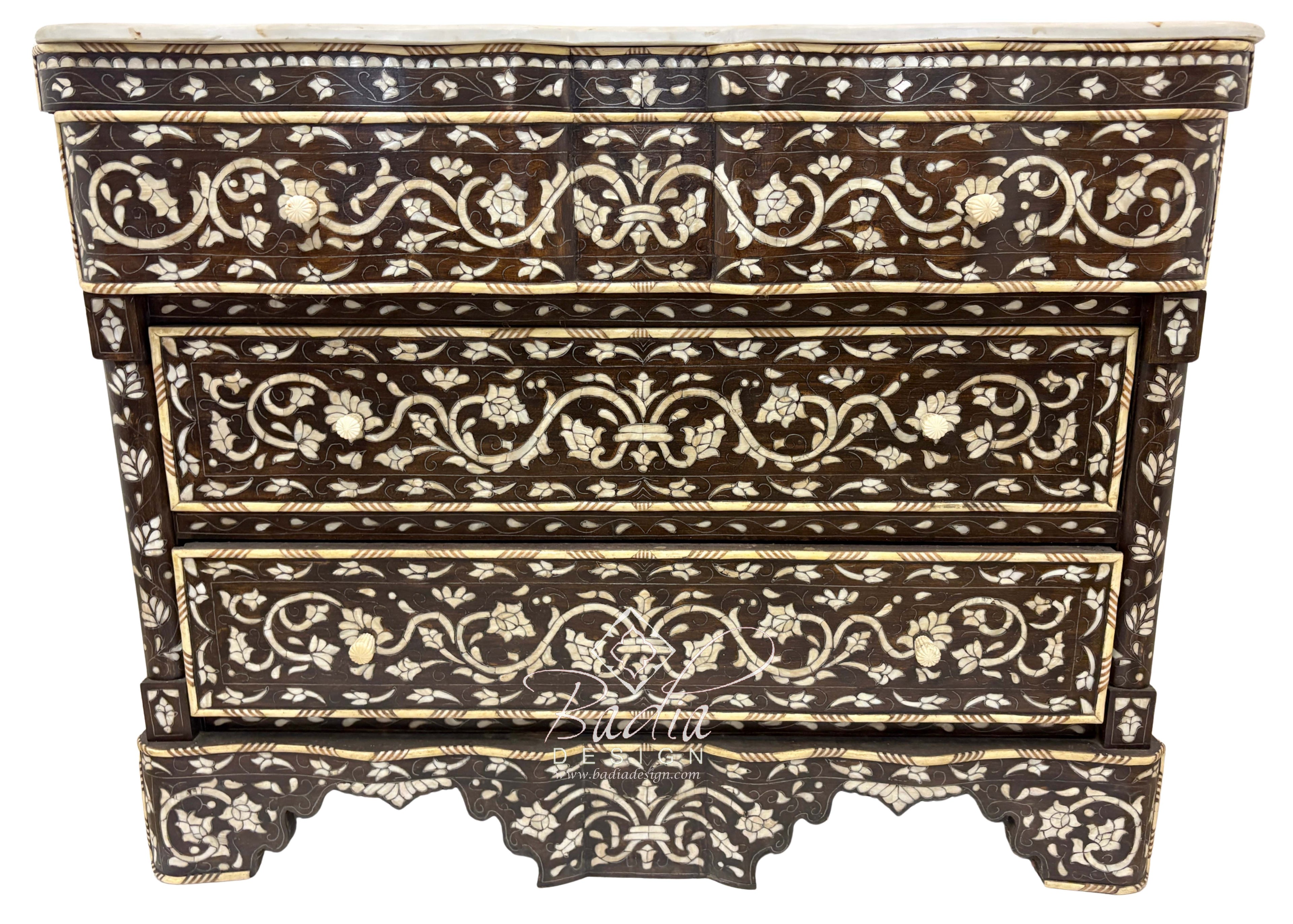 White Mother of Pearl Inlay Dresser with Three Drawers and Dark Stained