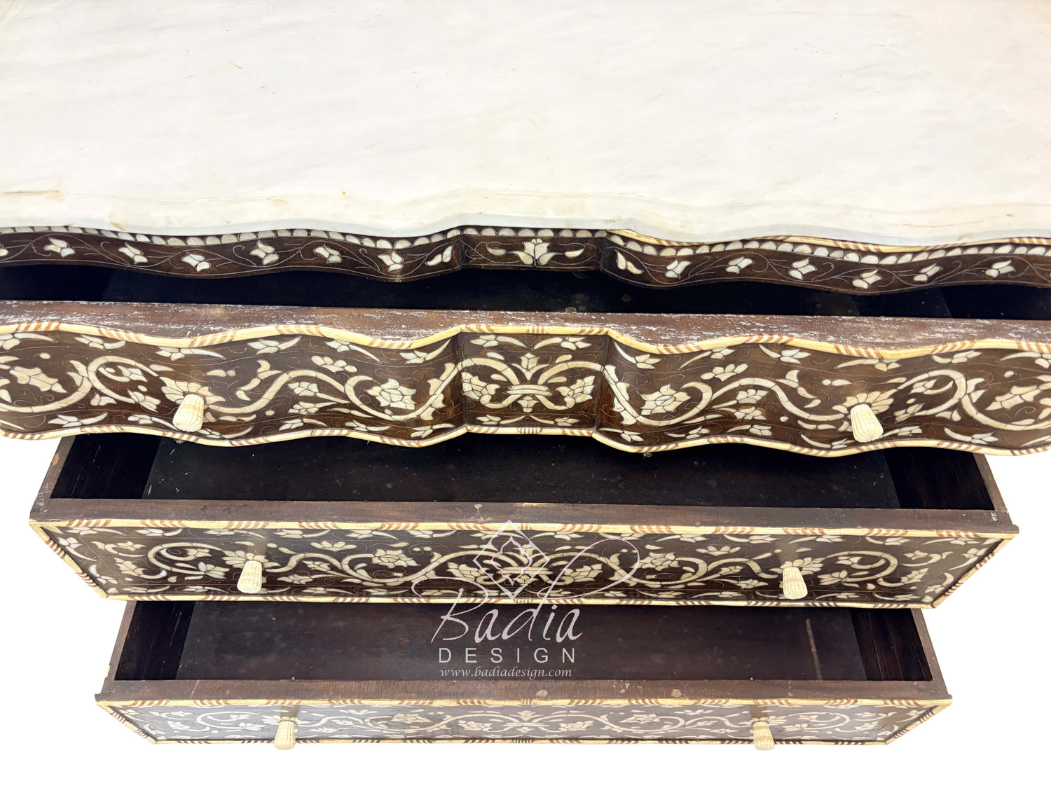 White Mother of Pearl Inlay Dresser with Three Drawers and Dark Stained