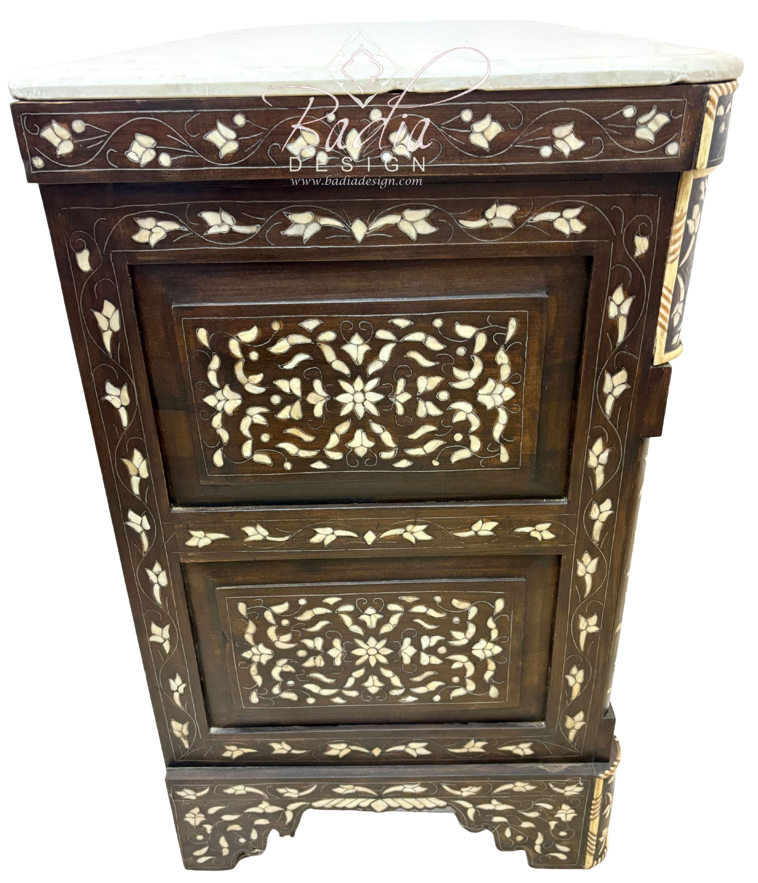 White Mother of Pearl Inlay Dresser with Three Drawers and Dark Stained
