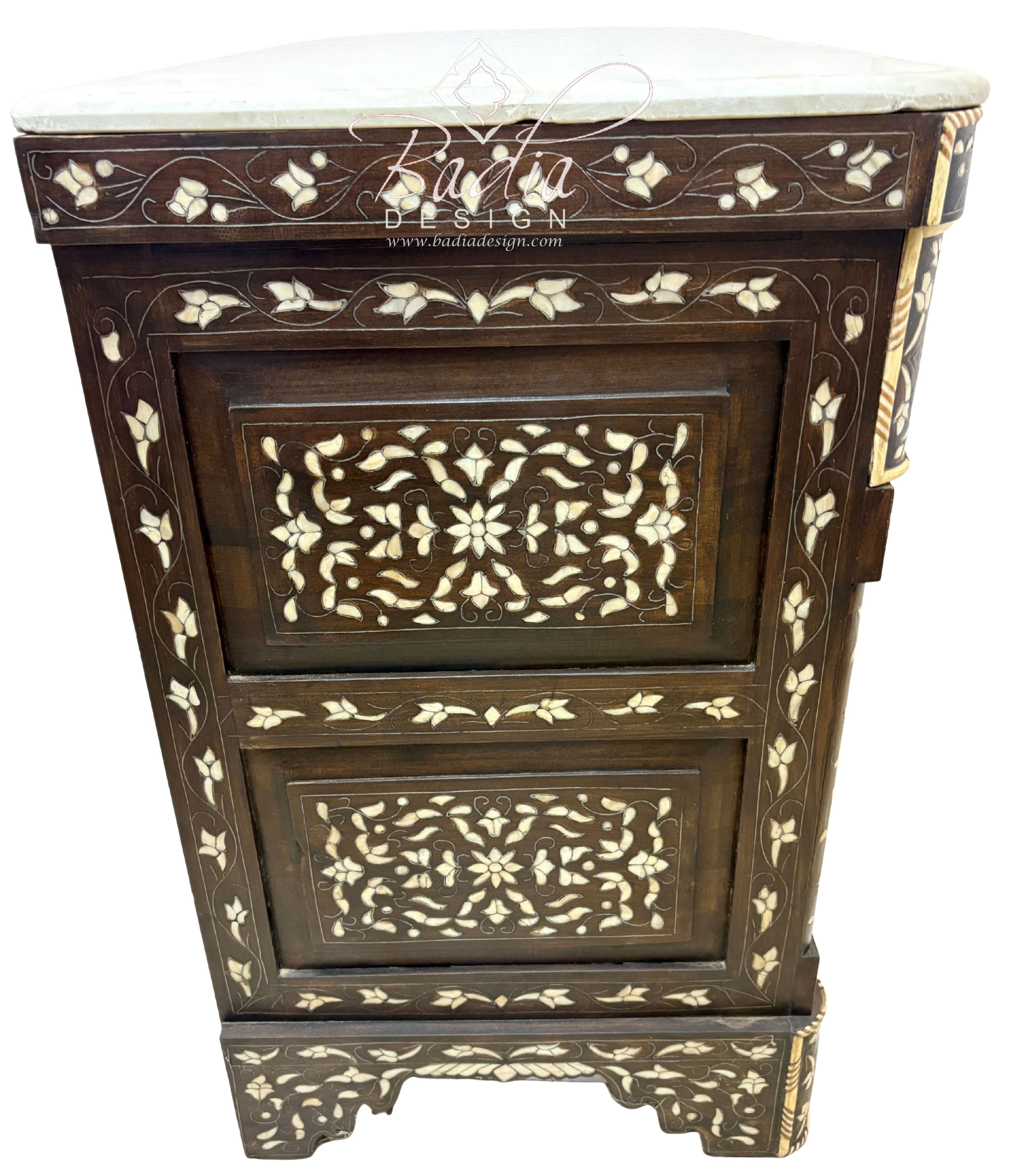 White Mother of Pearl Inlay Dresser with Three Drawers and Dark Stained