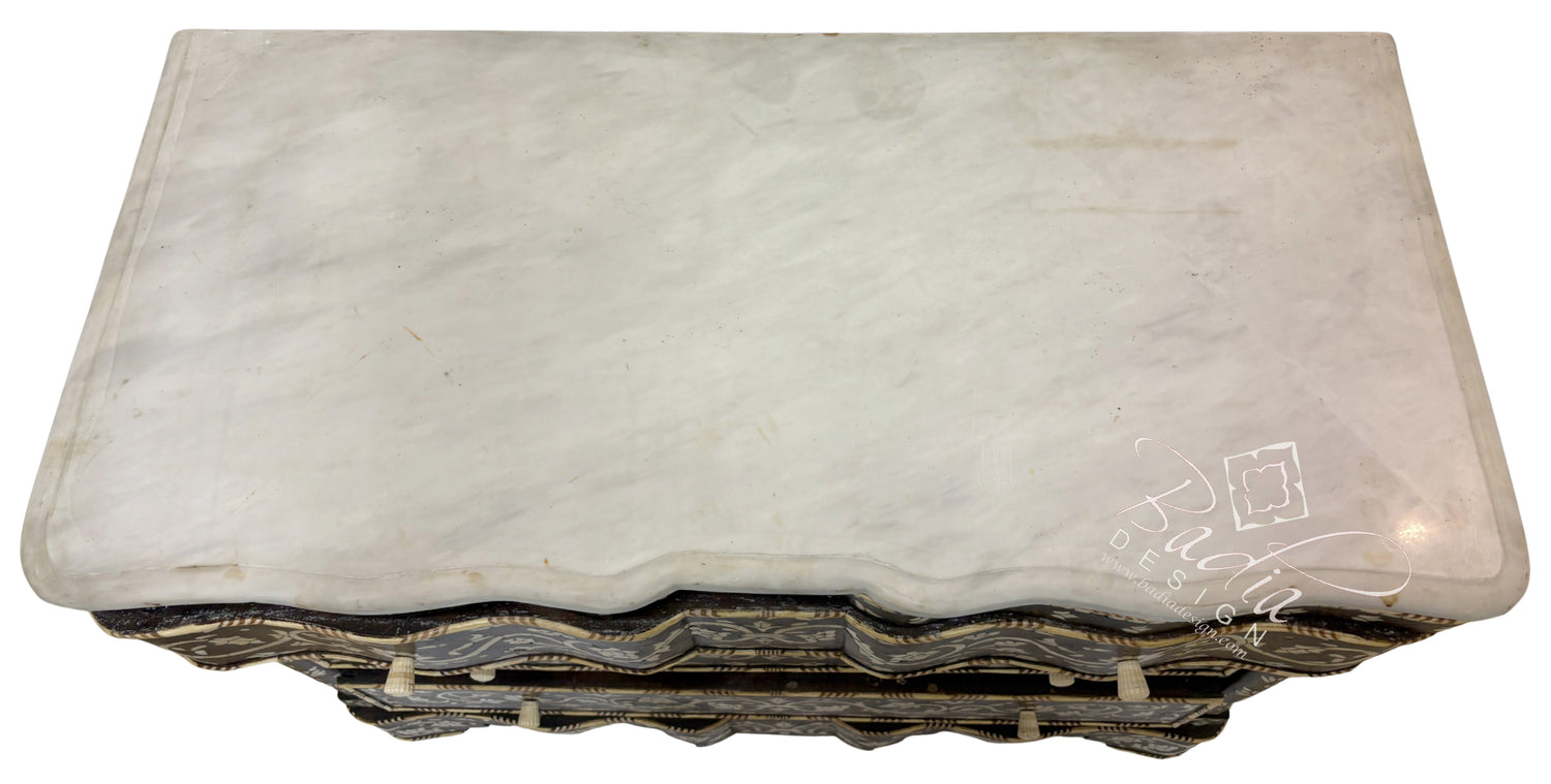 White Mother of Pearl Inlay Dresser with Three Drawers and Dark Stained