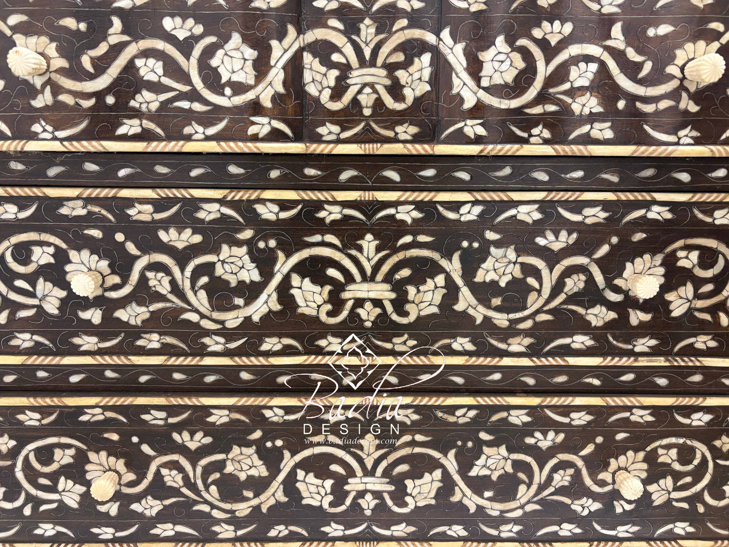 White Mother of Pearl Inlay Dresser with Three Drawers and Dark Stained