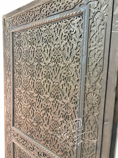 Dark Stained Hand Carved Wooden Door