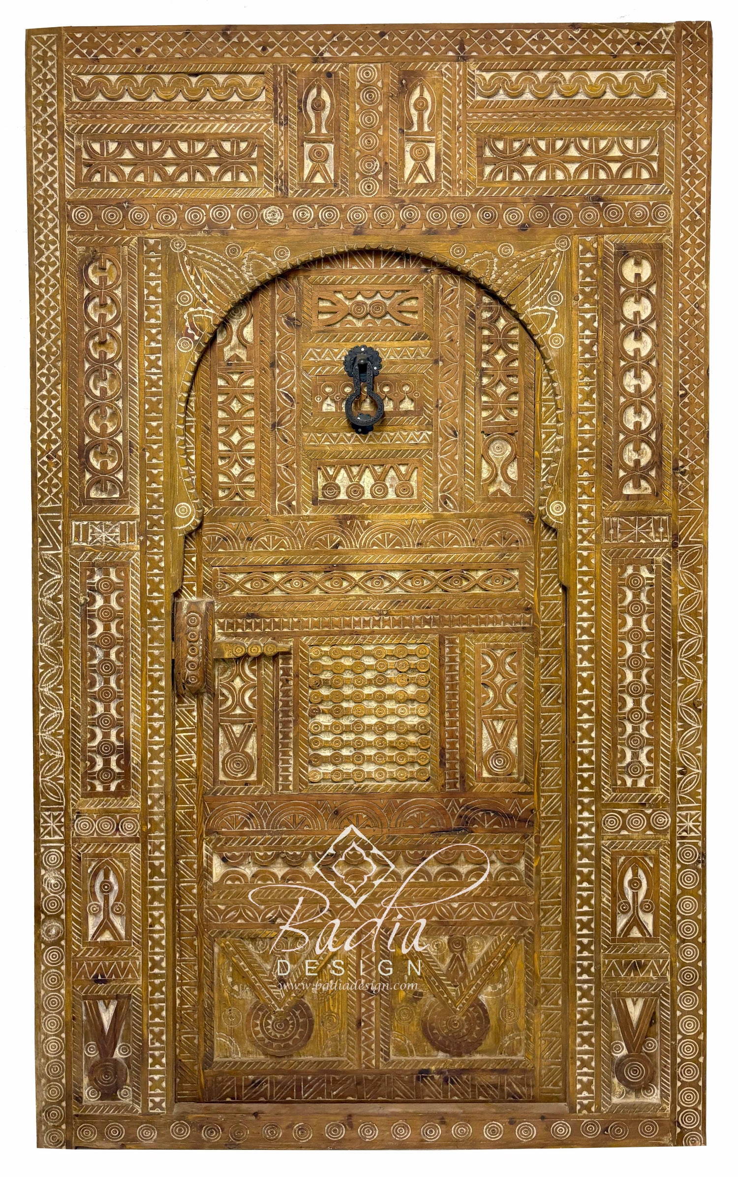 Large Moroccan Wooden Door with Carved Geometric Designs