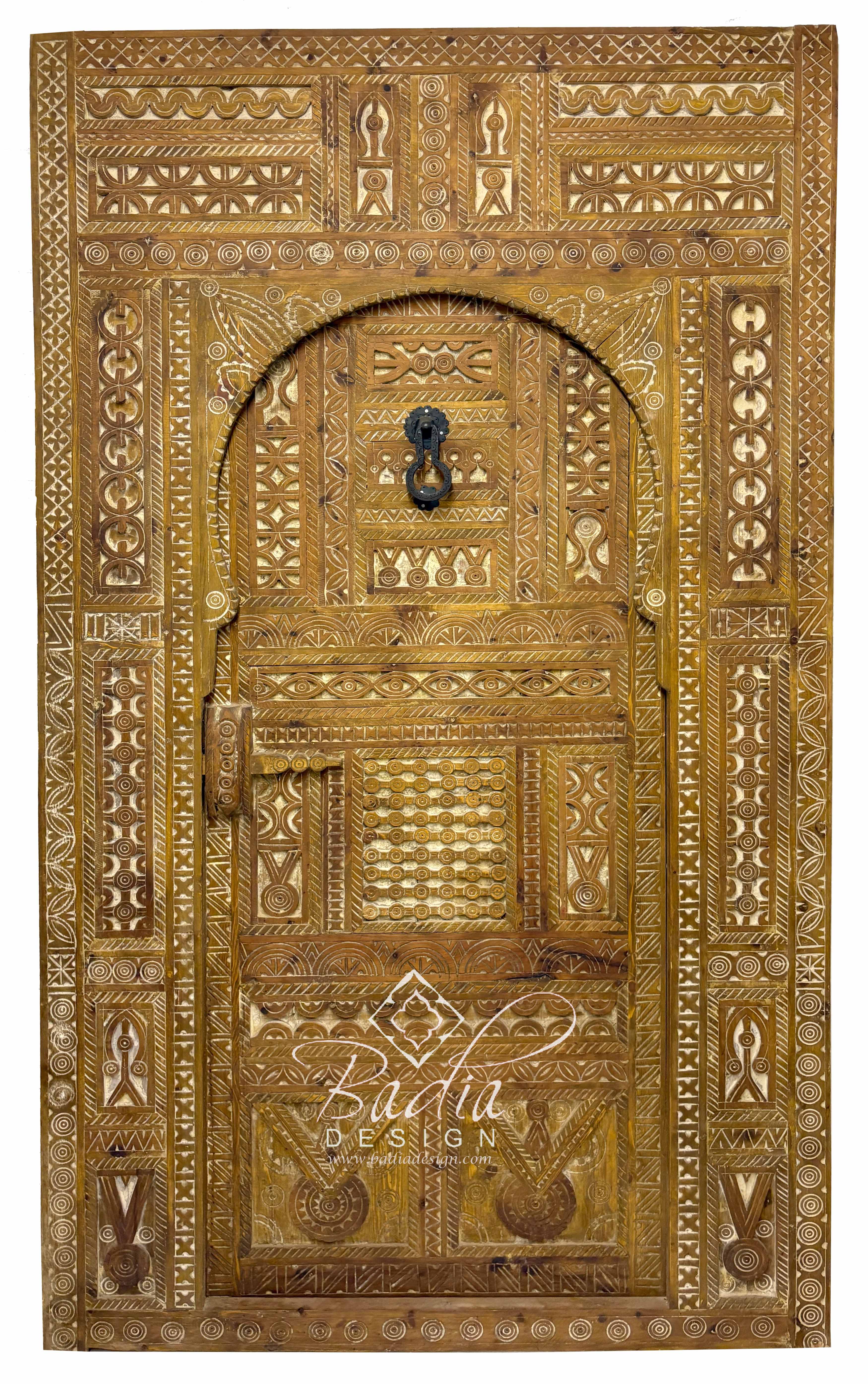 Large Moroccan Wooden Door with Carved Geometric Designs