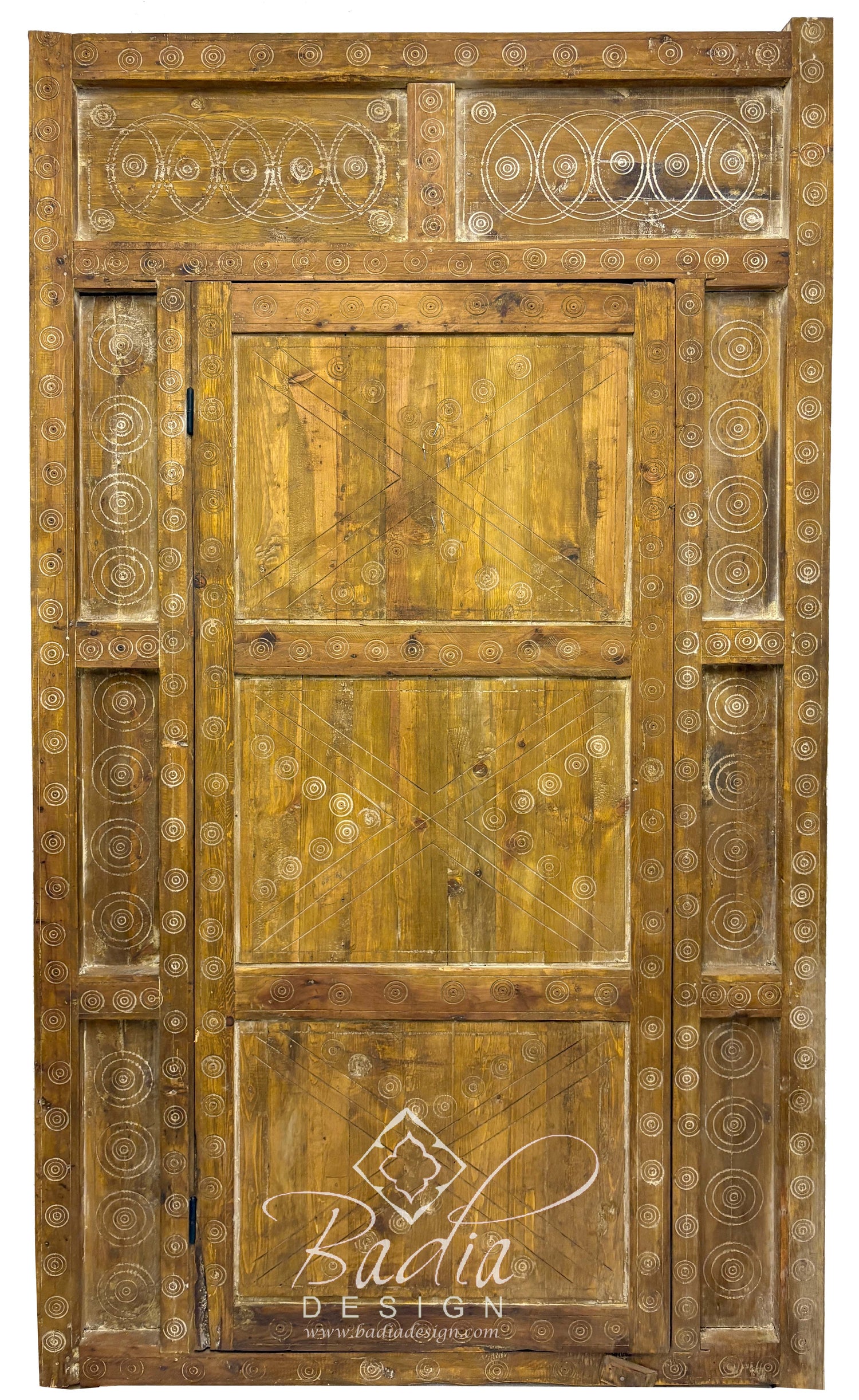 Large Wooden Door with Hand Carved Geometric Designs