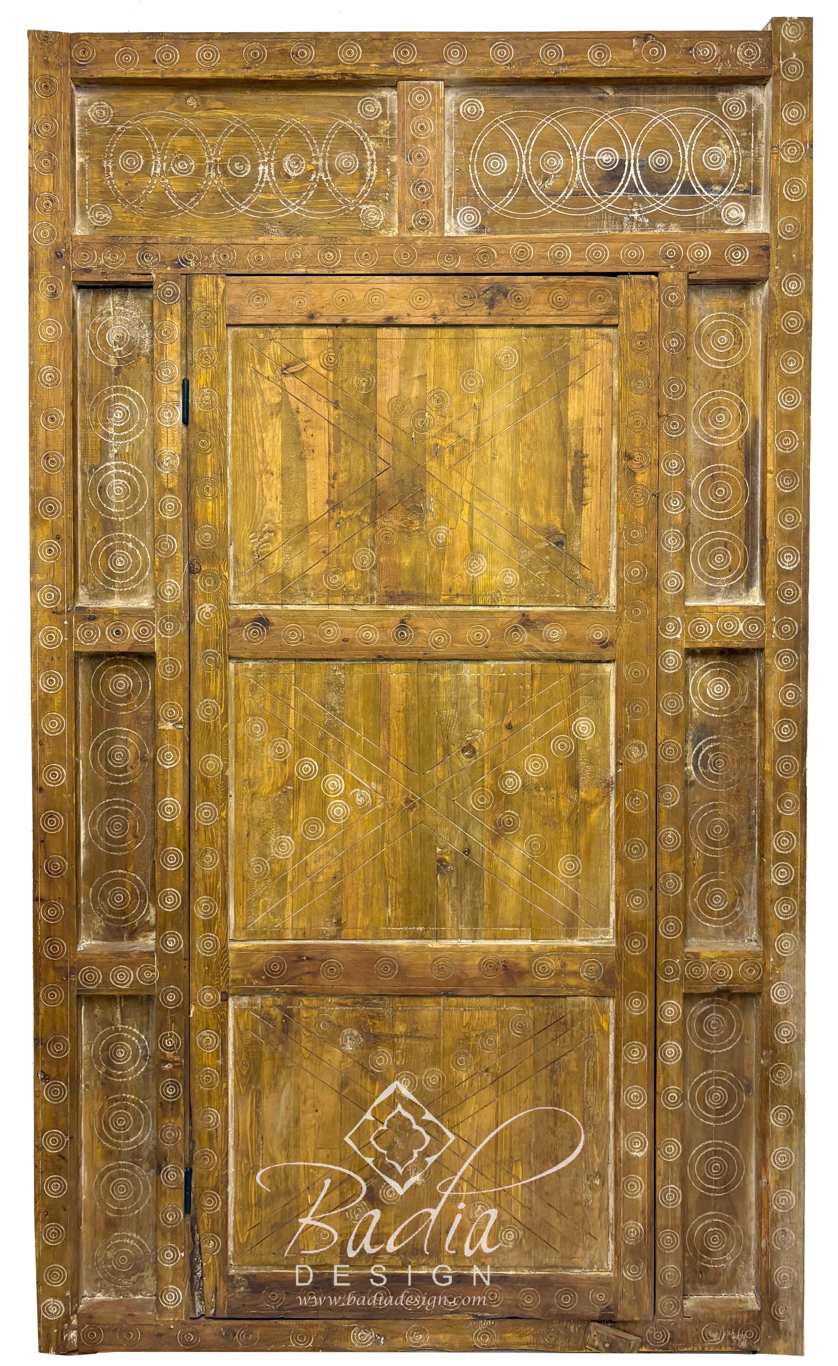 Large Wooden Door with Hand Carved Geometric Designs