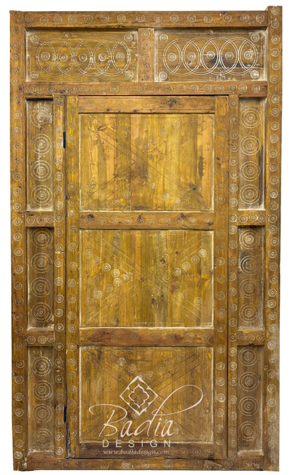 Large Wooden Door with Hand Carved Geometric Designs