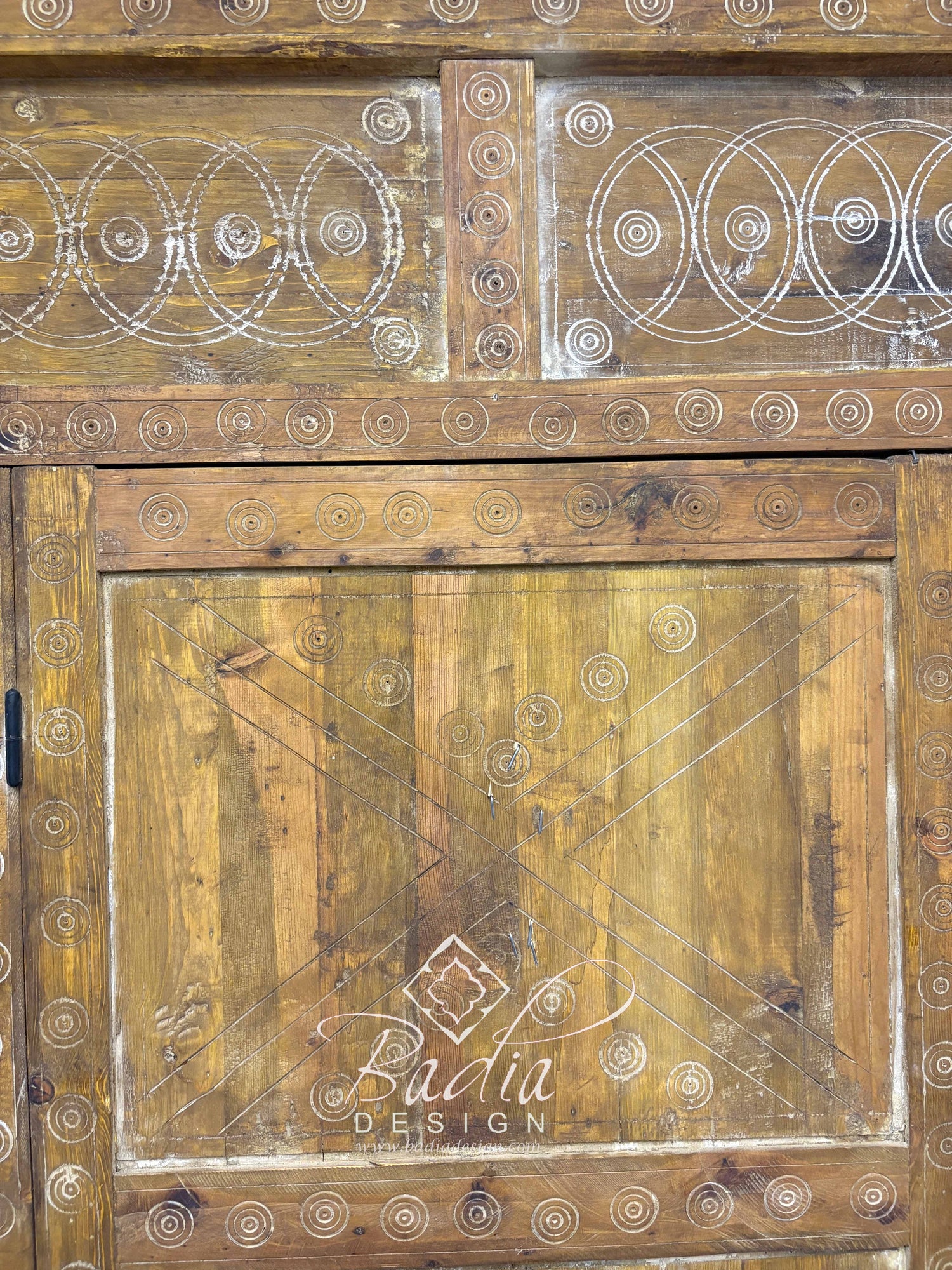 Large Wooden Door with Hand Carved Geometric Designs