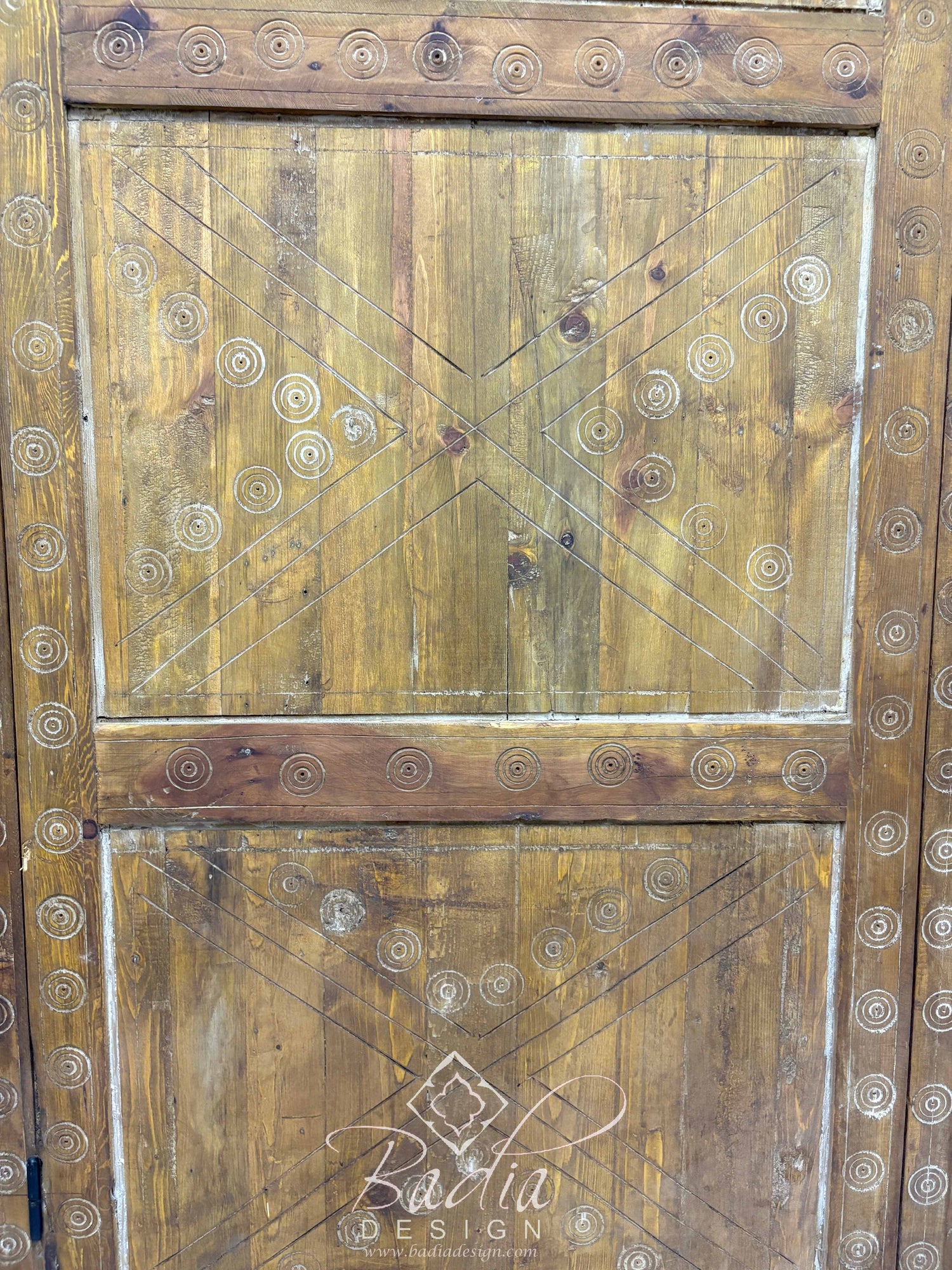 Large Wooden Door with Hand Carved Geometric Designs